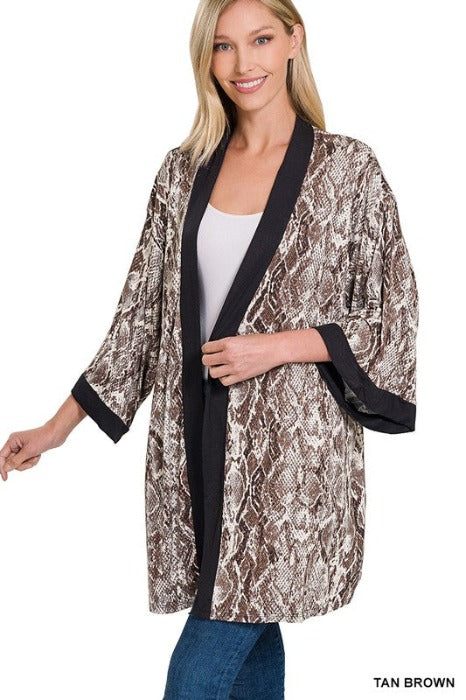 SNAKESKIN PRINT OPEN FRONT KIMONO CARDIGAN