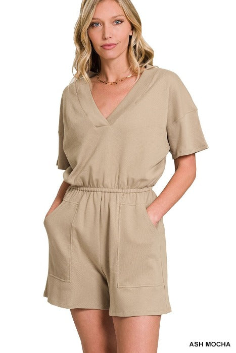 DROP SHOULDER V-NECK ROMPER WITH POCKETS