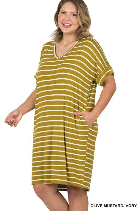 PLUS STRIPE V-NECK DRESS WITH POCKET