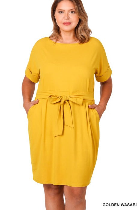 PLUS BRUSHED DTY TIE-BELT DRESS