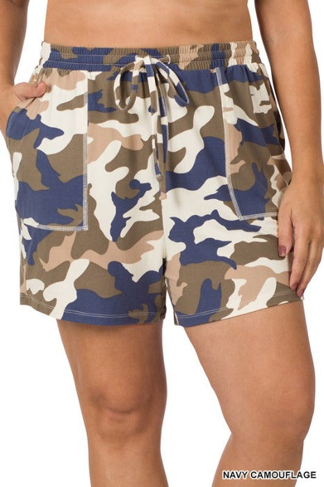PLUS BRUSHED DTY CAMOUFLAGE V-NECK TOP & SHORTS