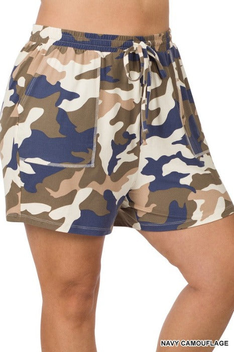 PLUS BRUSHED DTY CAMOUFLAGE V-NECK TOP & SHORTS