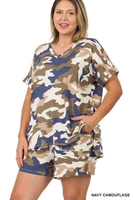 PLUS BRUSHED DTY CAMOUFLAGE V-NECK TOP & SHORTS