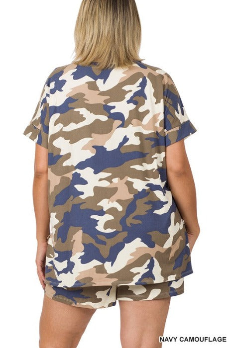 PLUS BRUSHED DTY CAMOUFLAGE V-NECK TOP & SHORTS