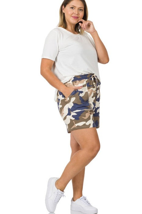 PLUS BRUSHED DTY CAMOUFLAGE V-NECK TOP & SHORTS