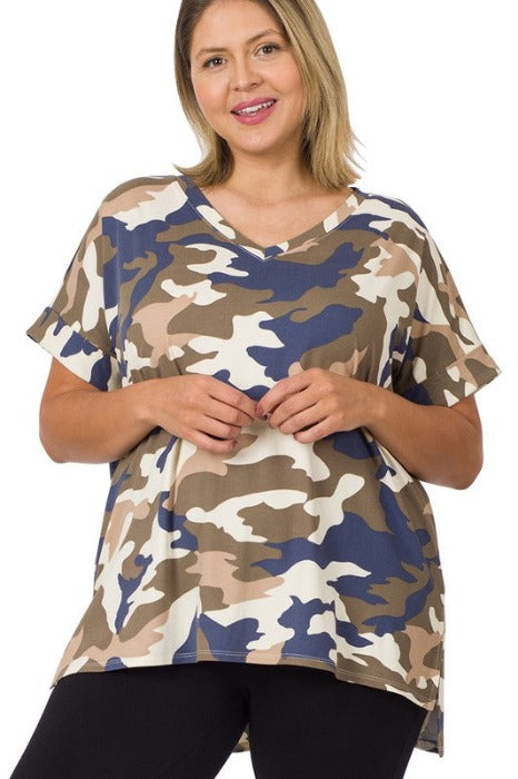 PLUS BRUSHED DTY CAMOUFLAGE V-NECK TOP & SHORTS