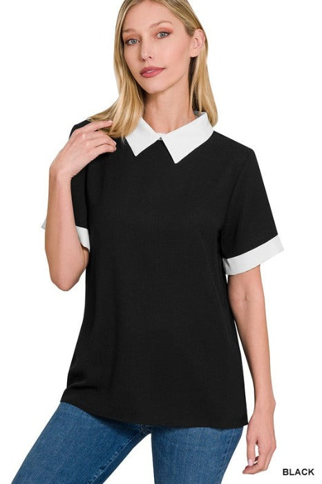 WOVEN COLORBLOCK CONTRAST COLLAR BLOUSE