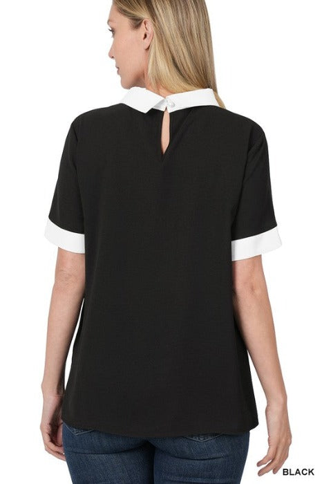WOVEN COLORBLOCK CONTRAST COLLAR BLOUSE