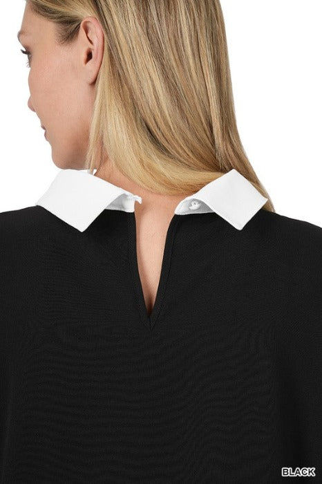 WOVEN COLORBLOCK CONTRAST COLLAR BLOUSE