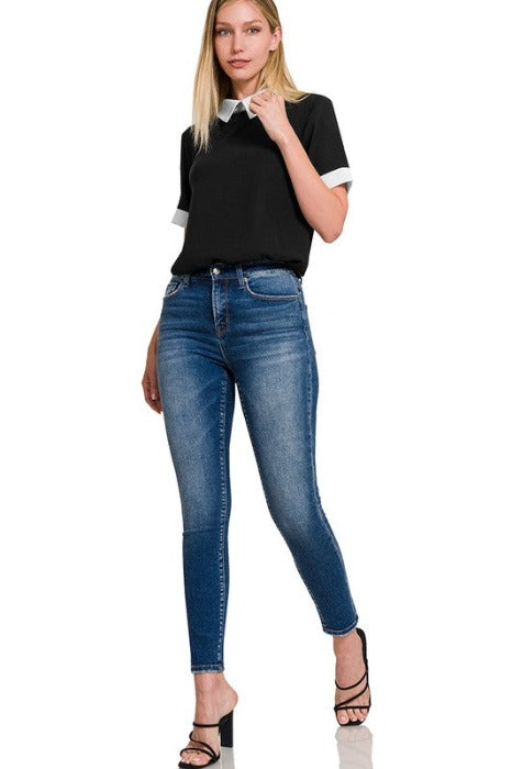 WOVEN COLORBLOCK CONTRAST COLLAR BLOUSE