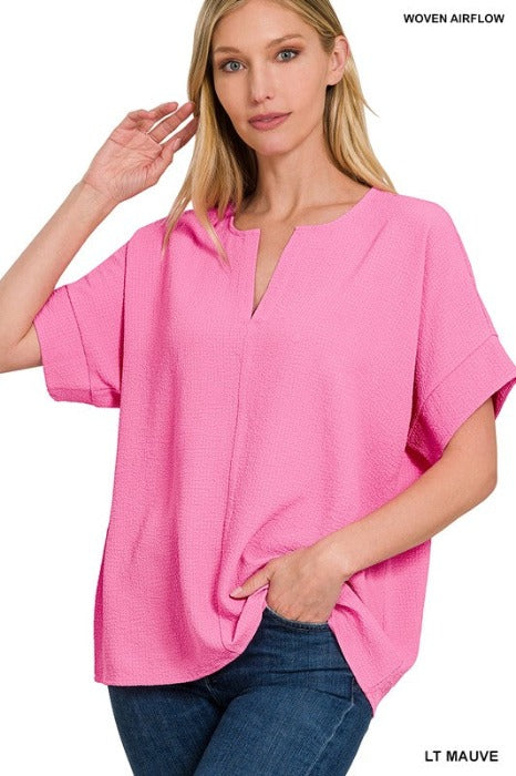 WOVEN BUBBLE AIRFLOW SPLIT NECK TOP