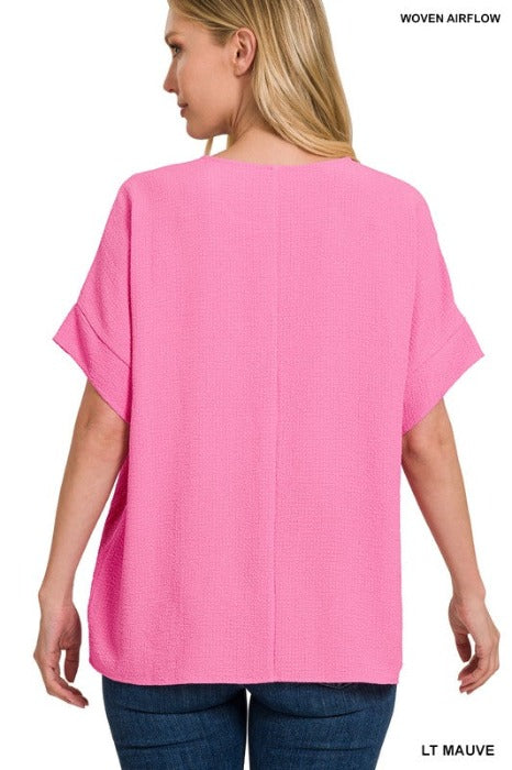 WOVEN BUBBLE AIRFLOW SPLIT NECK TOP