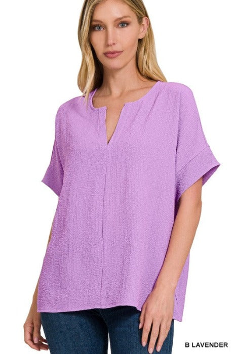 WOVEN BUBBLE AIRFLOW SPLIT NECK TOP