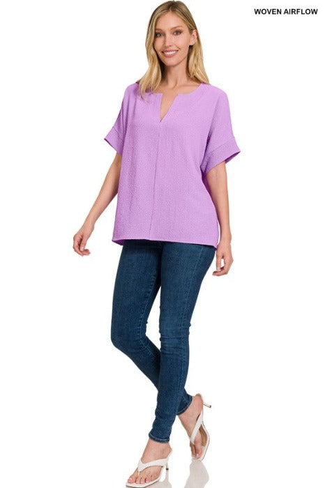 WOVEN BUBBLE AIRFLOW SPLIT NECK TOP