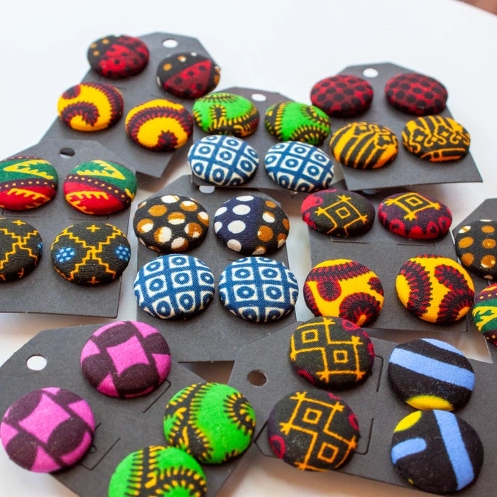 African fabric covered button earrings