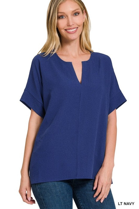 WOVEN BUBBLE AIRFLOW SPLIT NECK TOP