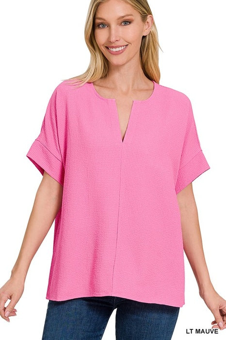 WOVEN BUBBLE AIRFLOW SPLIT NECK TOP