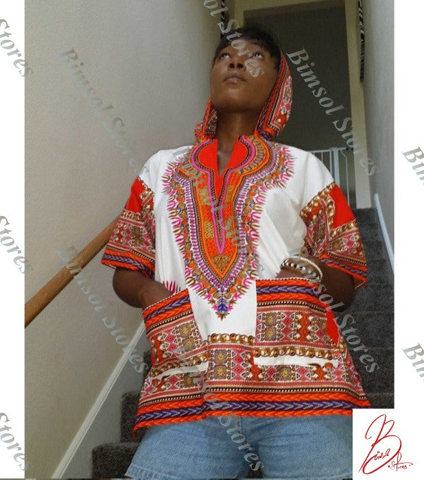 Unisex Dashiki Loose-Fit Hooded Top .