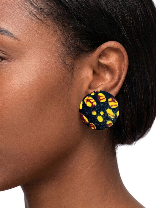 African fabric covered button earrings 1-1/8
