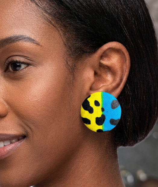 African fabric covered button earrings 1-1/8