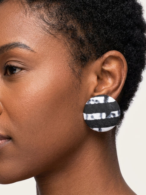 African fabric covered button earrings 1-1/8