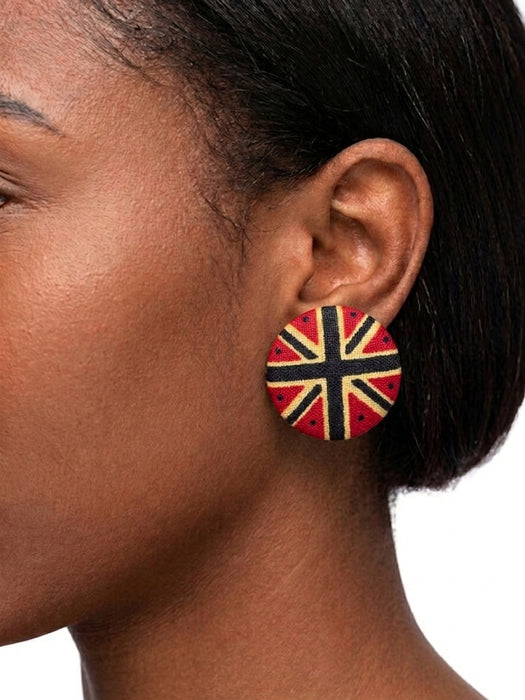 African fabric covered button earrings 1-1/8