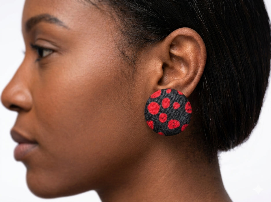 African fabric covered button earrings 1-1/8