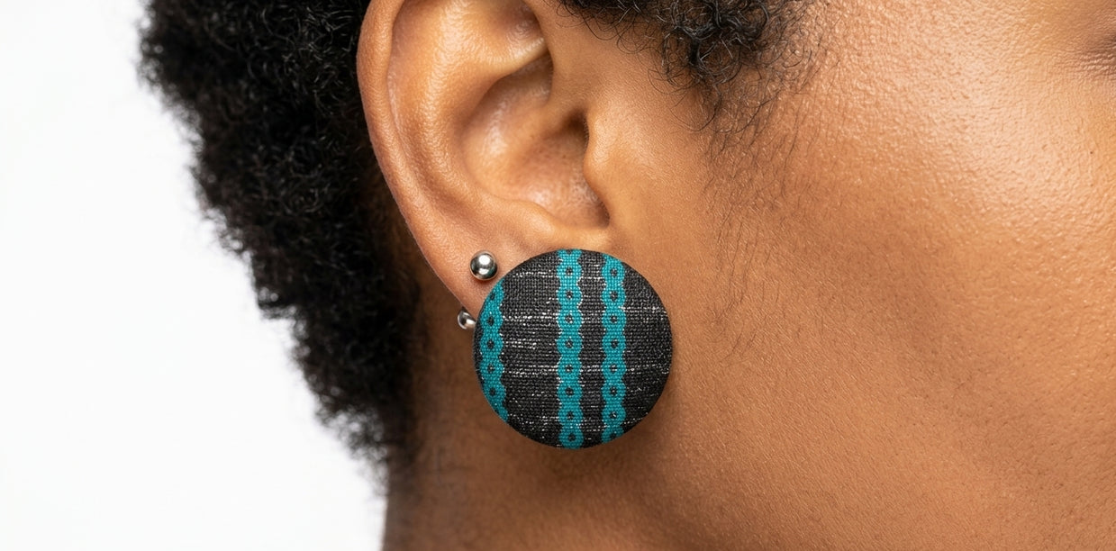 African fabric covered button earrings 1-1/8